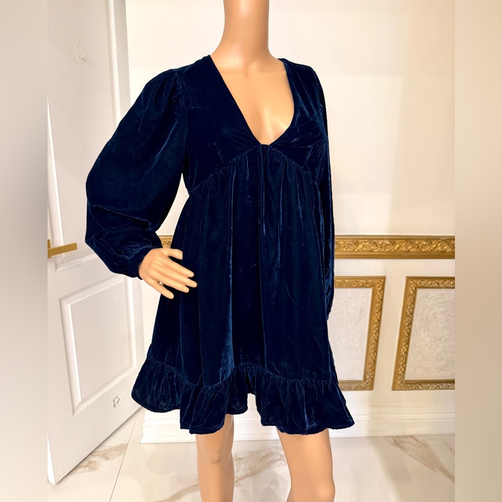 Free People Womens Velvet Babydoll Mini Dress Sz XS Navy Blue